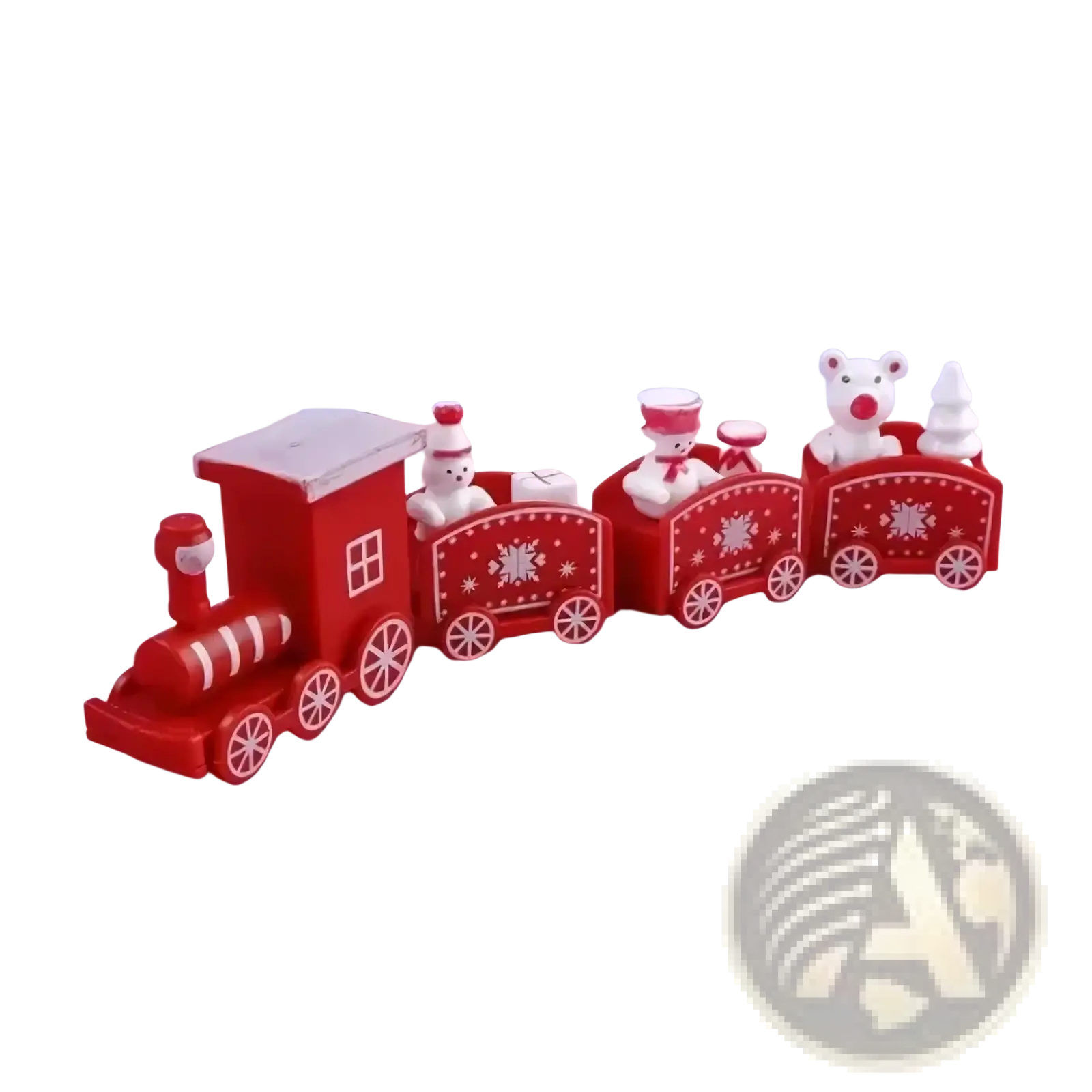 Red plastic wooden Christmas train with white snowflake decals and miniature bear figures for holiday decoration