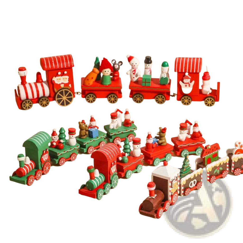 Wooden christmas train holiday table decoration in red and green with painted snowmen santa figures and festive details
