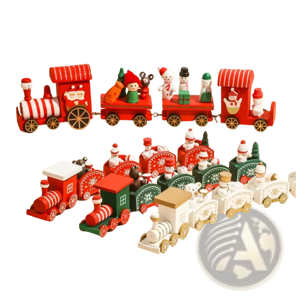 Wooden christmas train holiday table decoration featuring red and green painted wooden cars with snowmen figures