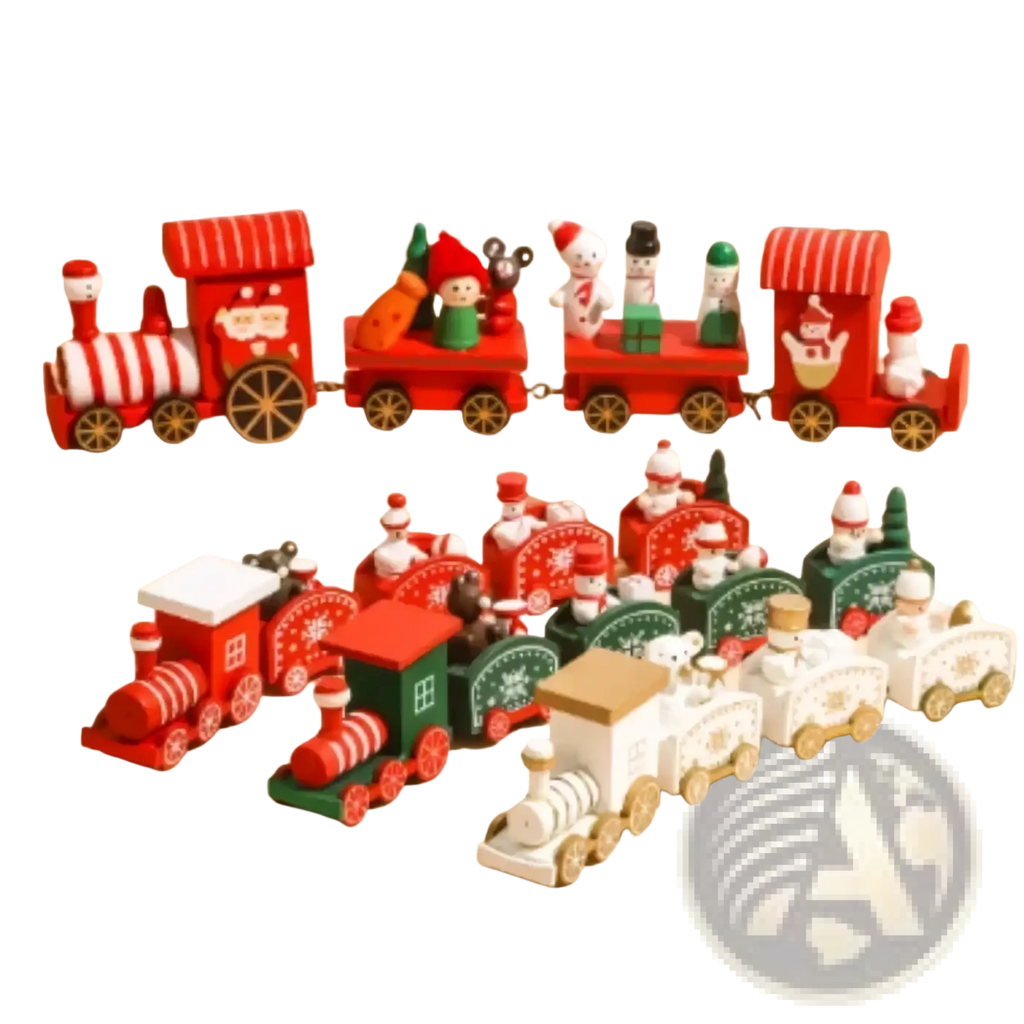 Wooden christmas train holiday table decoration in red and green with painted details featuring snowmen and elves