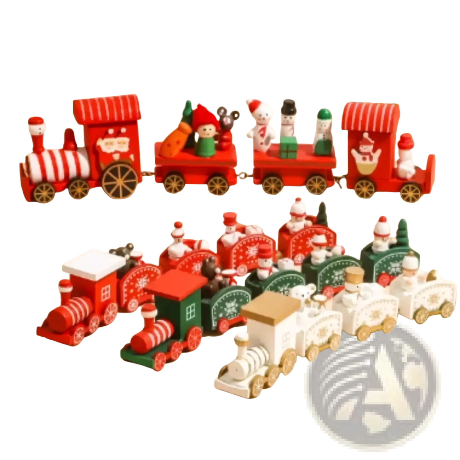 Wooden christmas train holiday table decoration in red and green with painted details featuring snowmen and elves