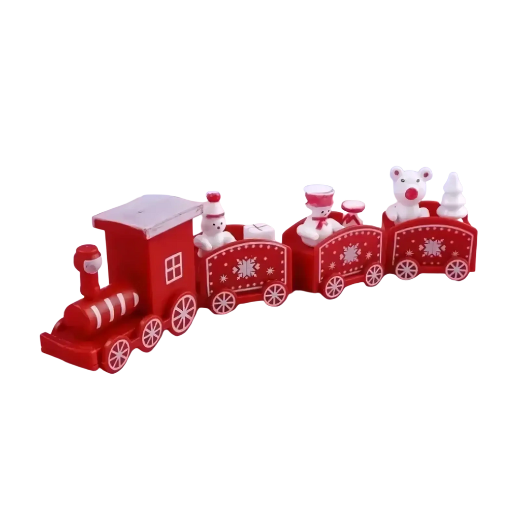 Red plastic wooden Christmas train with white snowflake decals and miniature bear figures for holiday decoration