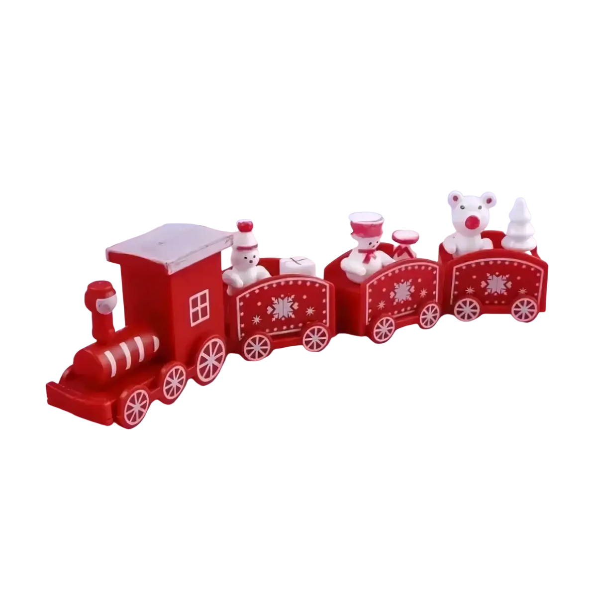 Red plastic wooden Christmas train with white snowflake decals and miniature bear figures for holiday decoration