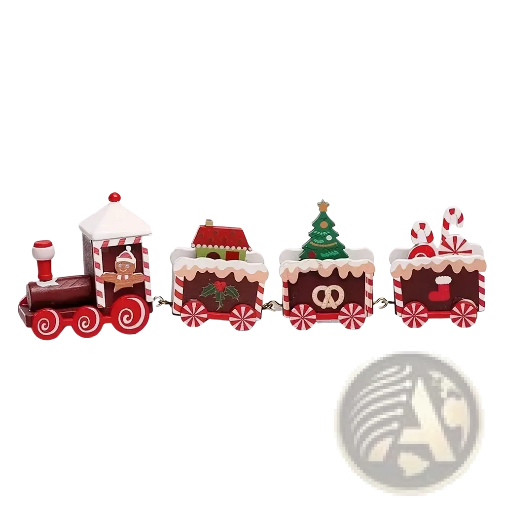 Wooden christmas train holiday table decoration in red and white with painted details and wooden material