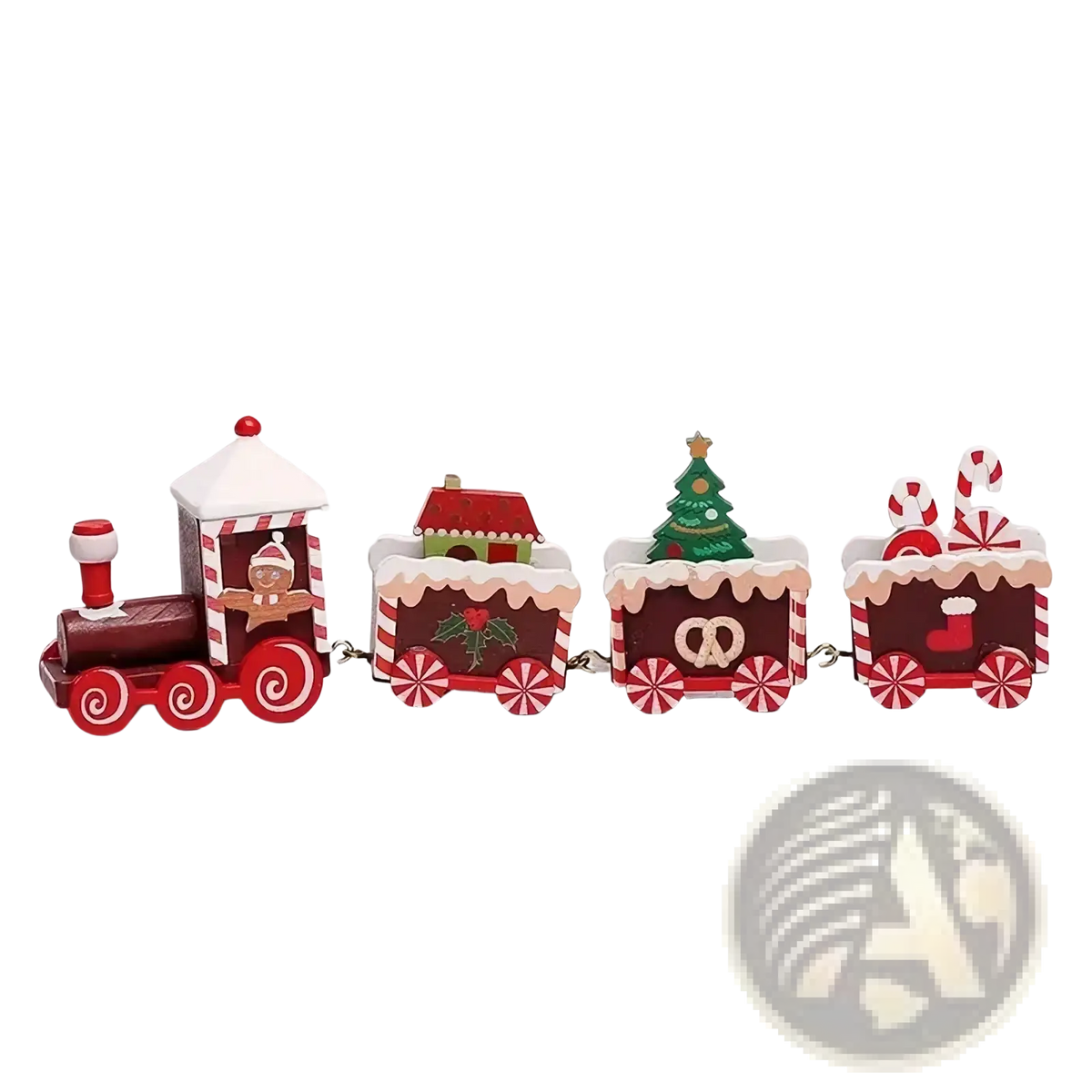 Wooden christmas train holiday table decoration in red and white with painted details and wooden material