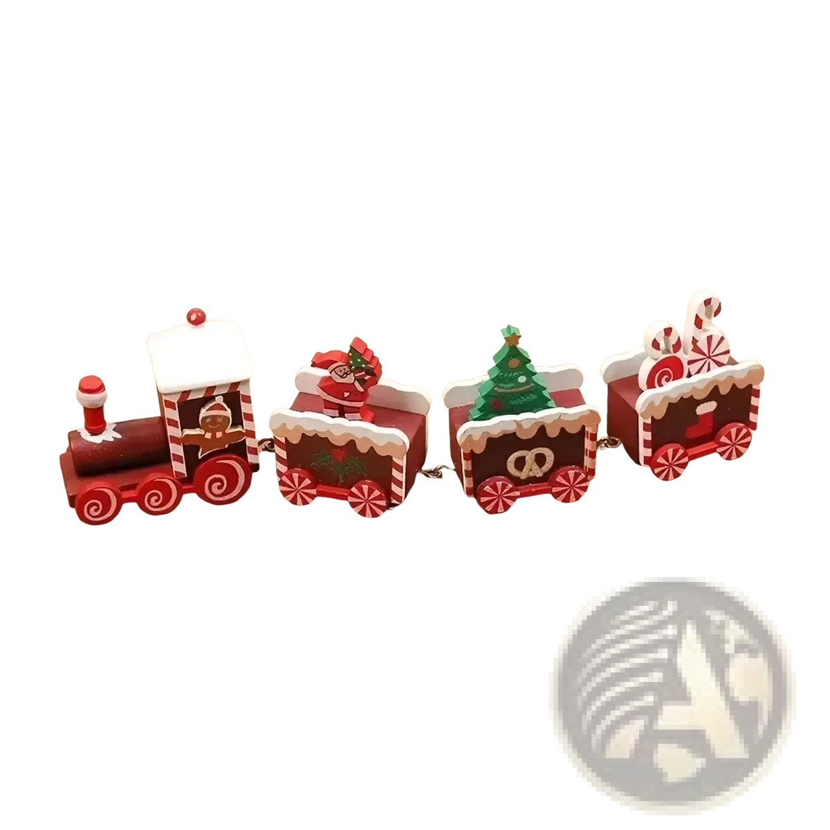 Wooden christmas train holiday table decoration in red and white with candy cane accents and festive details