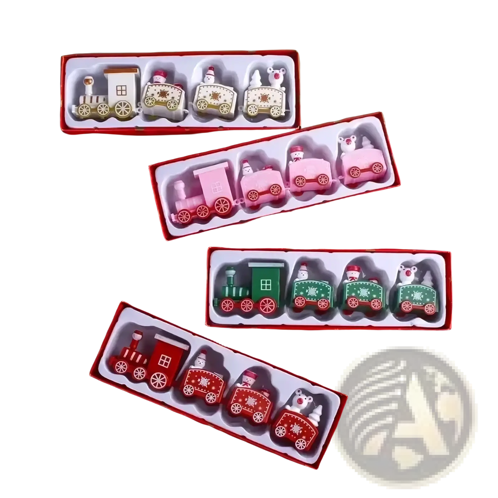 Wooden Christmas train holiday table decoration set with four festive locomotives and carriages in red pink green and beige