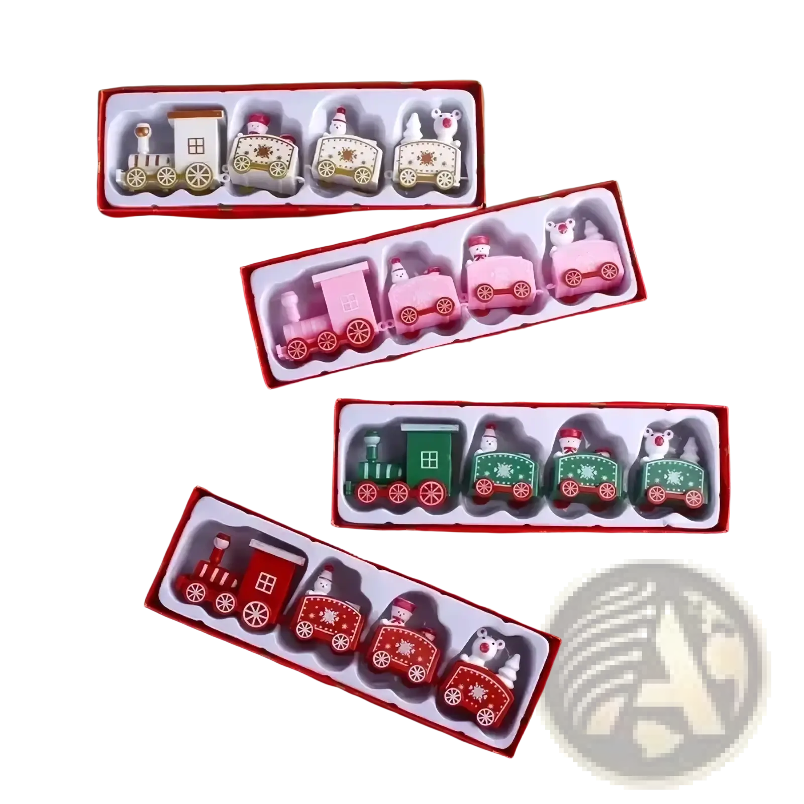 Wooden Christmas train holiday table decoration set with four festive locomotives and carriages in red pink green and beige