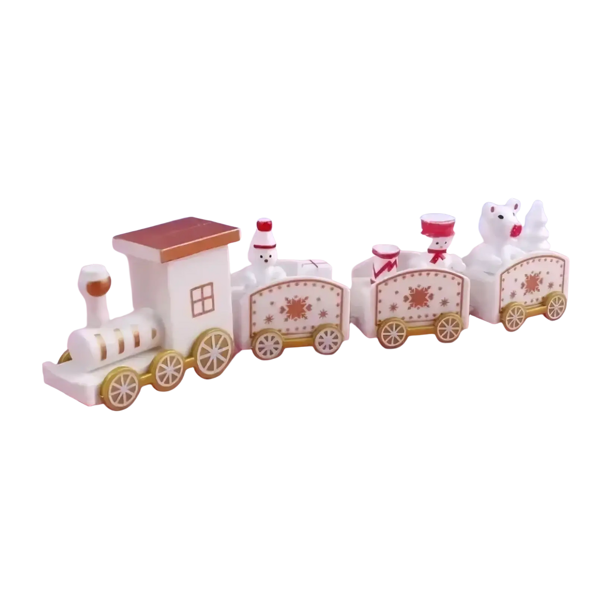 White plastic christmas train with gold accents featuring festive snowman and polar bear figures holiday decoration