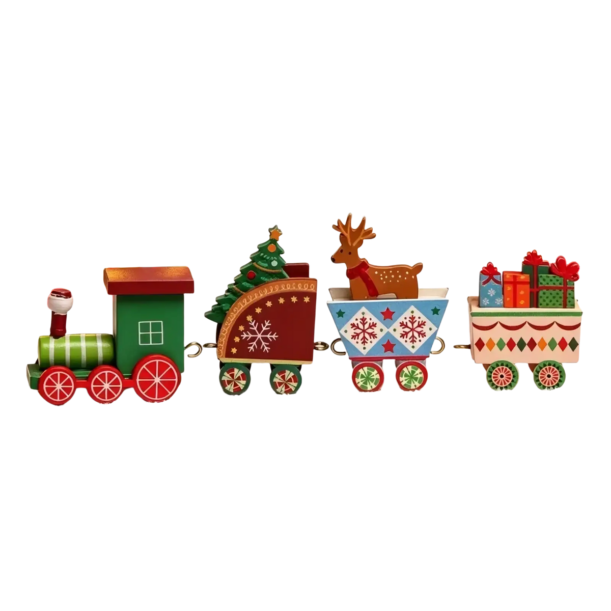 Wooden christmas train tabletop decoration with a green and red locomotive and festive cars carrying reindeer and gifts