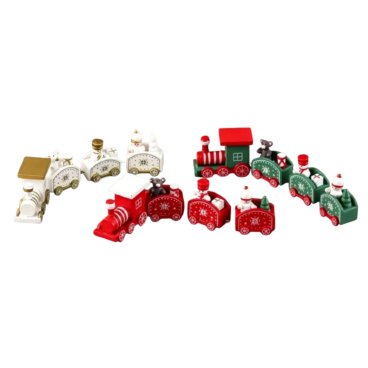 A wooden Christmas train tabletop decoration with red green and white wooden cars featuring snowflake designs and figurines