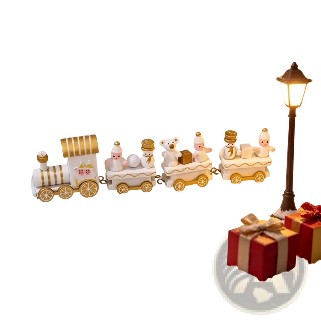 White and gold wooden christmas train tabletop decoration featuring miniature snowman passengers