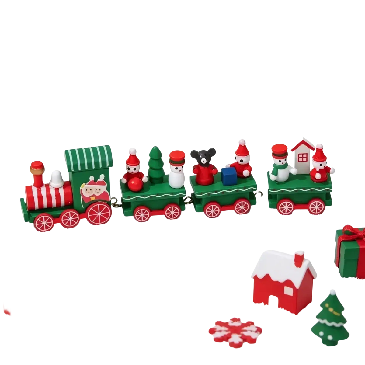 Red and green wooden christmas train tabletop decoration featuring festive holiday figures on each car