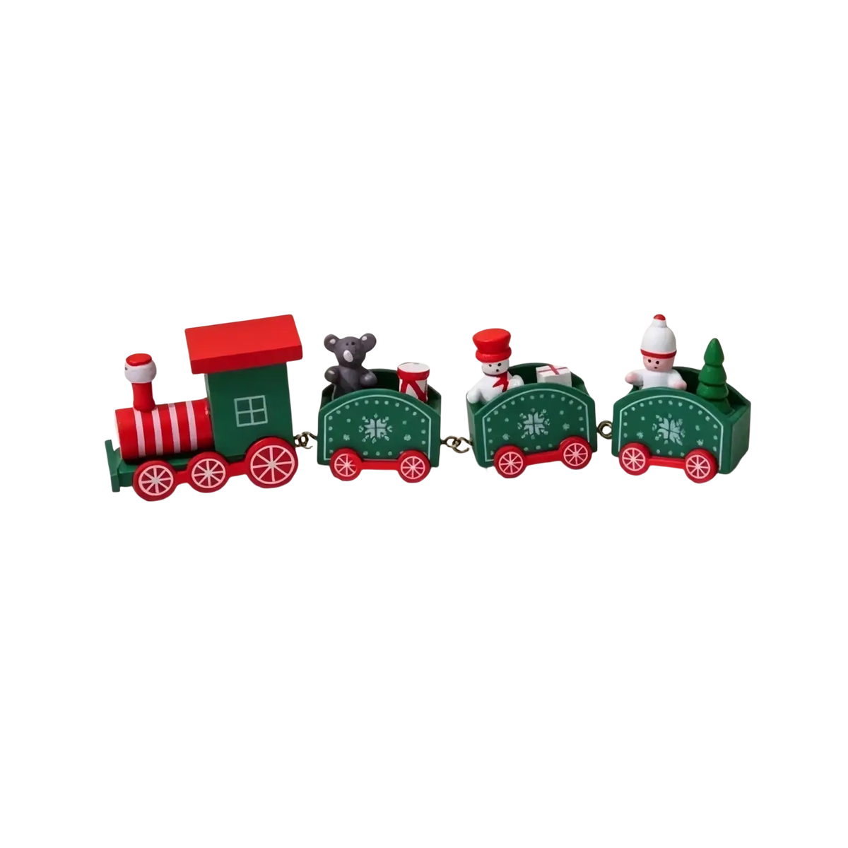 Wooden christmas train tabletop decoration in red and green with snowflake cars carrying bear snowman and tree figurines