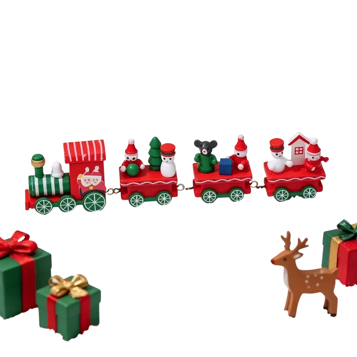 Wooden christmas train tabletop decoration featuring red and green miniature train with festive characters on each car