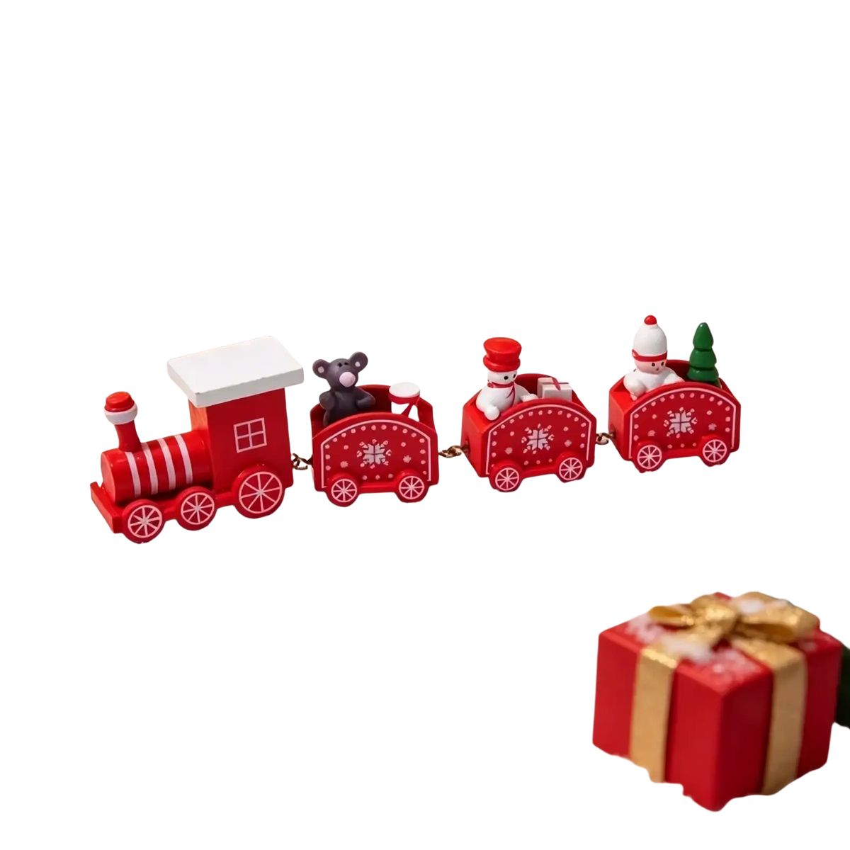 Wooden christmas train tabletop decoration in red plastic with white accents featuring a bear and snowmen cars