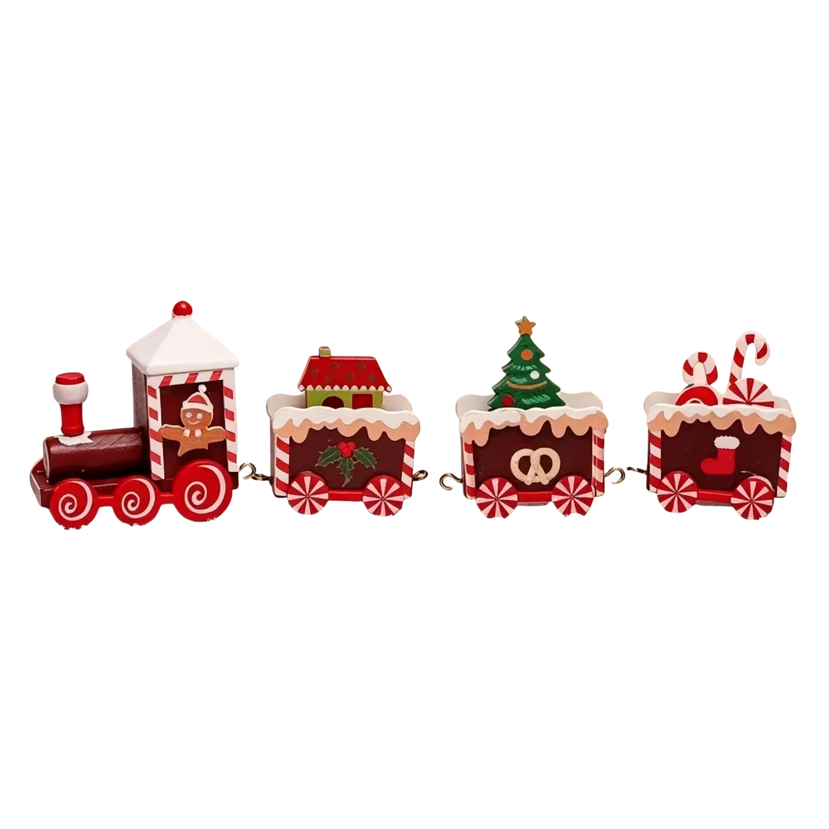 Wooden christmas train tabletop decoration with red and white candy cane stripes and festive themed carriages