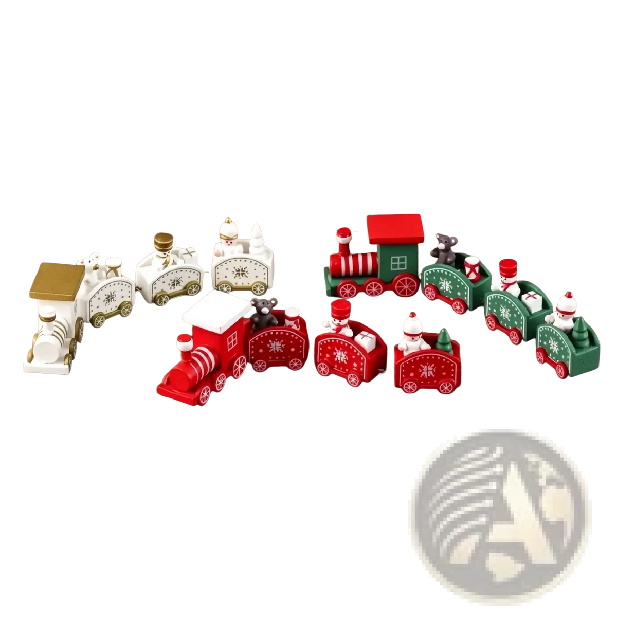 Wooden Christmas train tabletop decoration set with miniature red green and white trains featuring snowflake designs and figurines