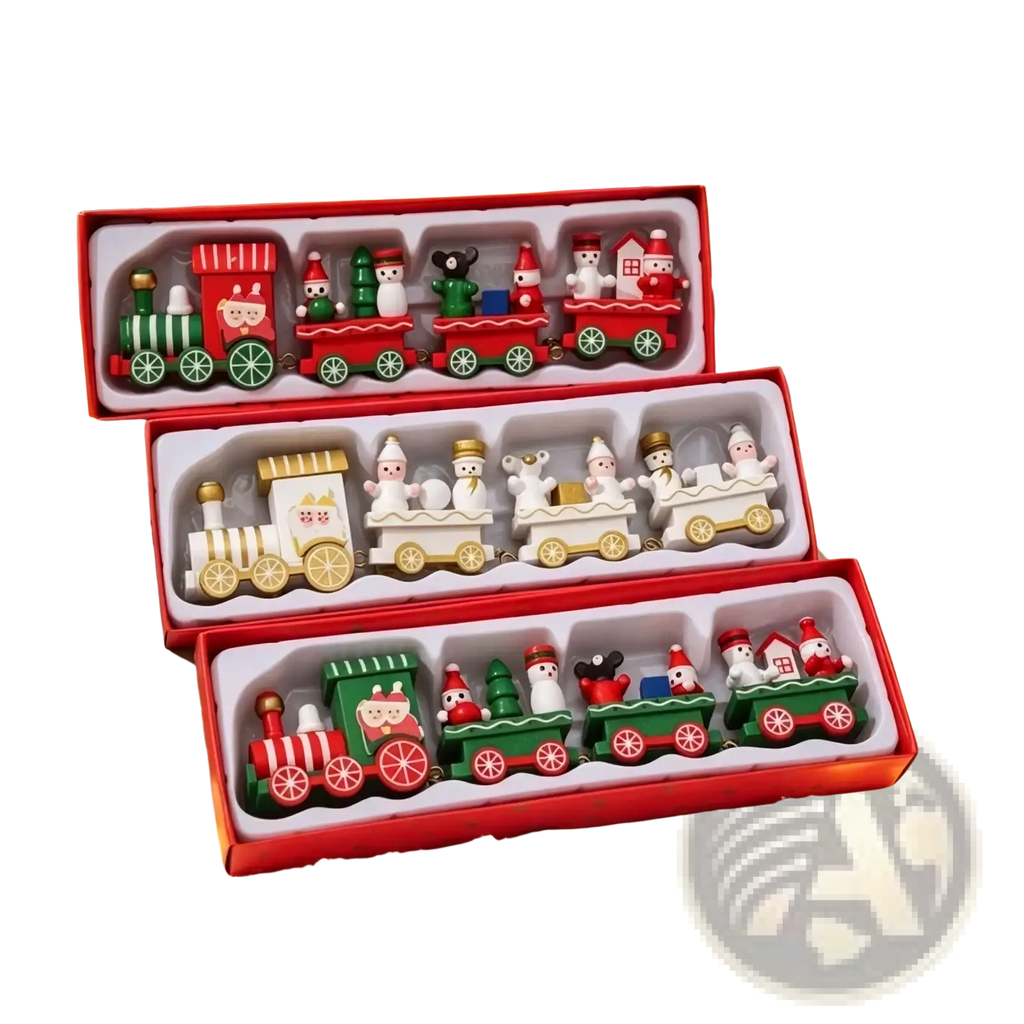 Wooden christmas train tabletop decoration with three festive miniature plastic carriages featuring snowmen and holiday characters in red green white and gold