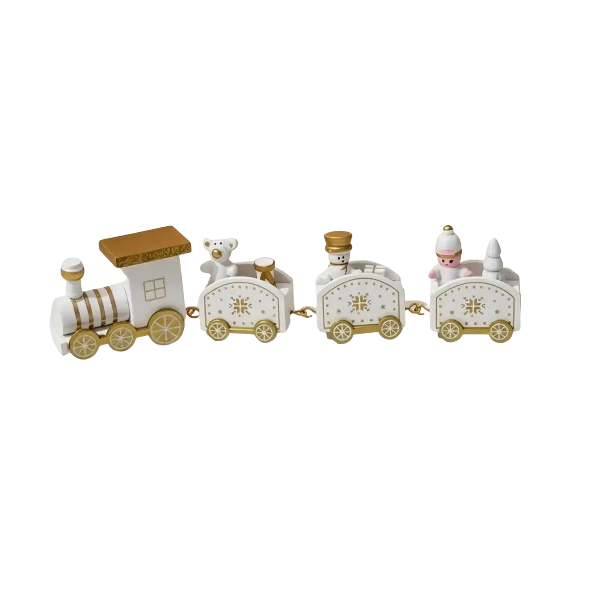White and gold ceramic wooden christmas train tabletop decoration with decorative figures in each car