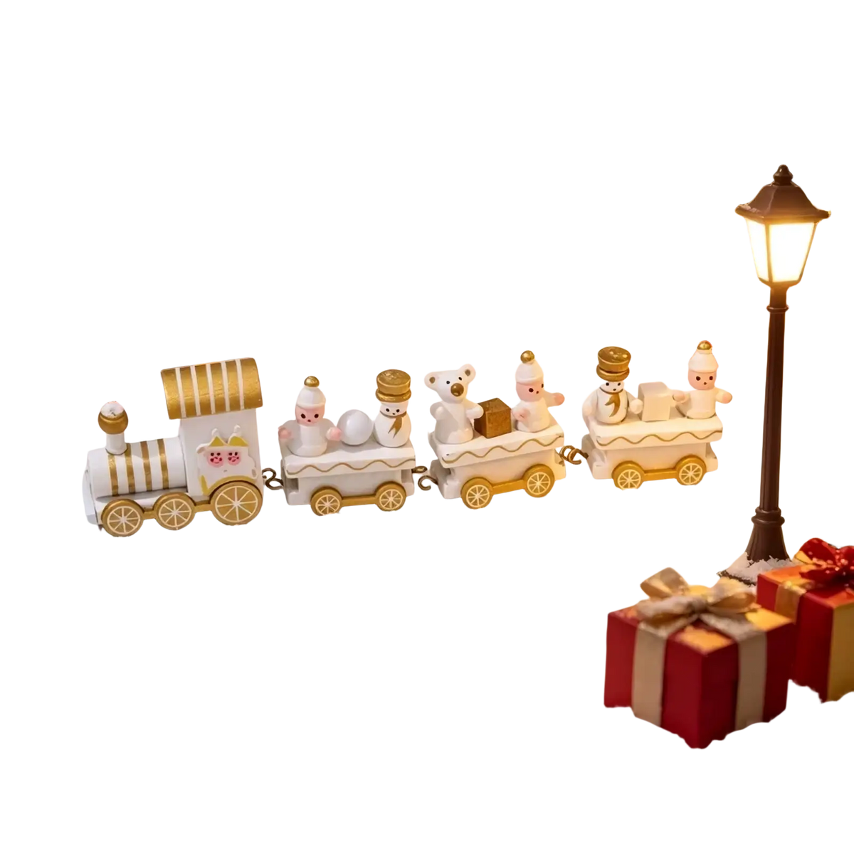 White and gold wooden christmas train tabletop decoration featuring miniature snowman passengers
