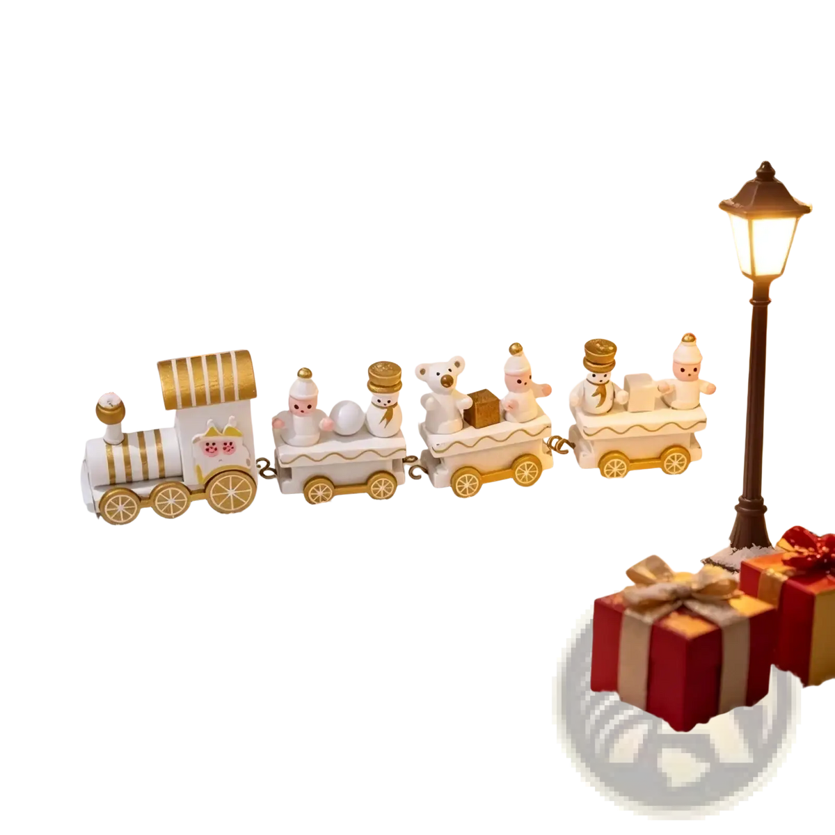 Wooden white and gold miniature christmas train tabletop decoration featuring snowman and bear passengers