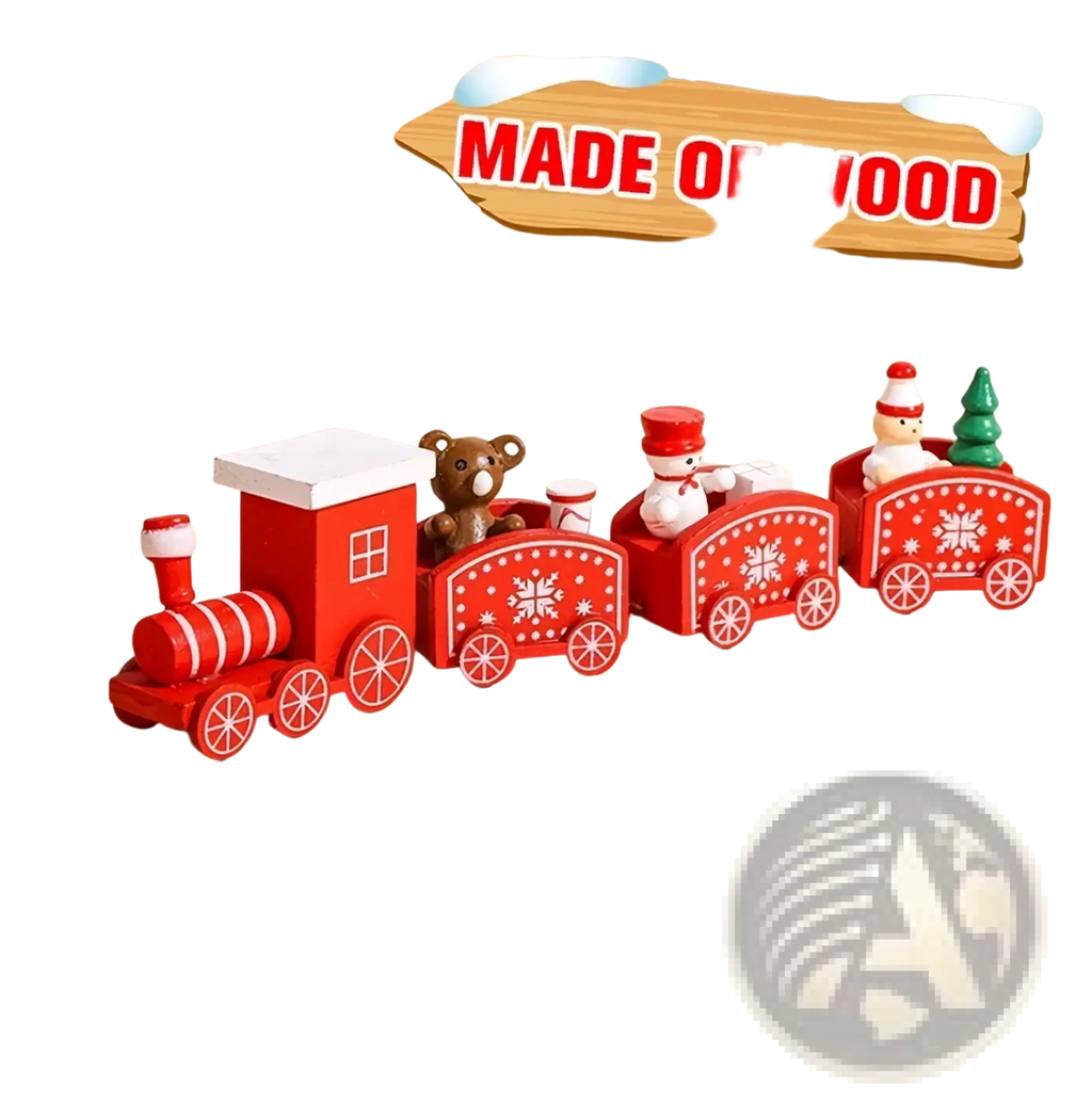 Red wooden christmas train toy with four carriages featuring snowflake designs and festive miniature figurines