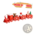 Red wooden christmas train toy with four carriages featuring snowflake designs and festive miniature figurines