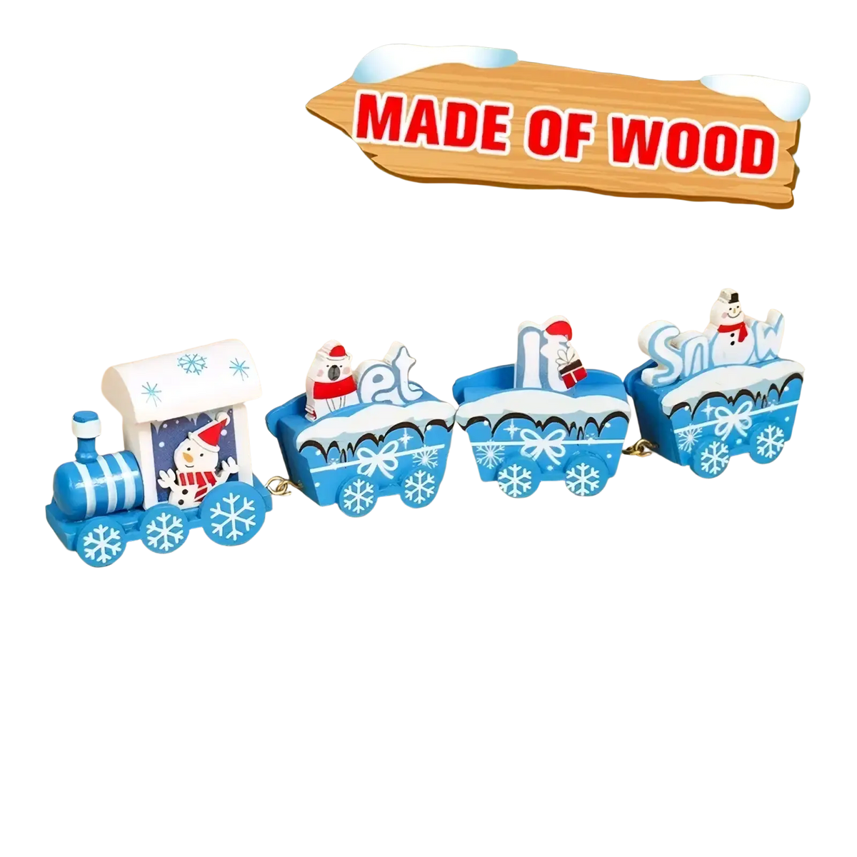 A charming blue wooden Christmas train toy with four snowflake-patterned carriages and festive holiday figures