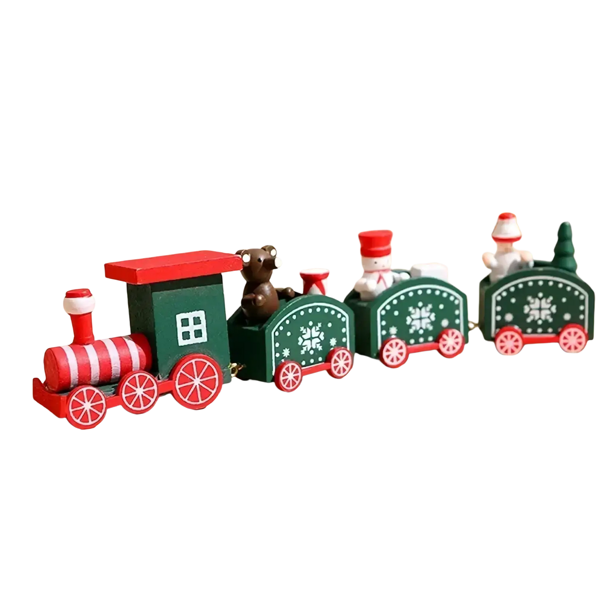 Wooden christmas train toy featuring a green and red locomotive with snowflake patterns and festive miniature figures
