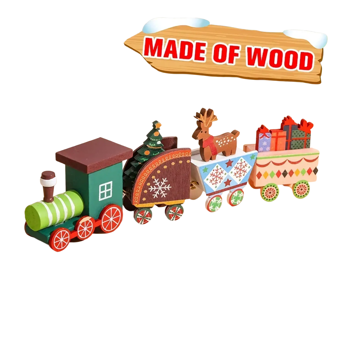 A festive wooden Christmas train toy with four colorful intricately painted carriages featuring holiday designs