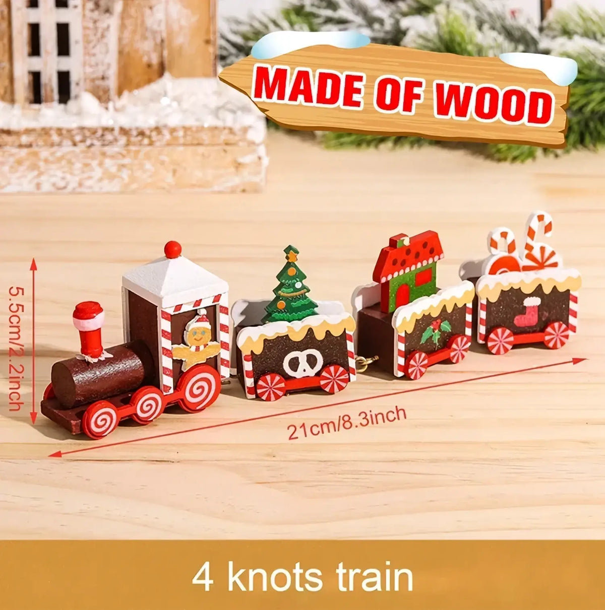 Wooden christmas train toy with four red and white candy cane striped carriages featuring festive decorations