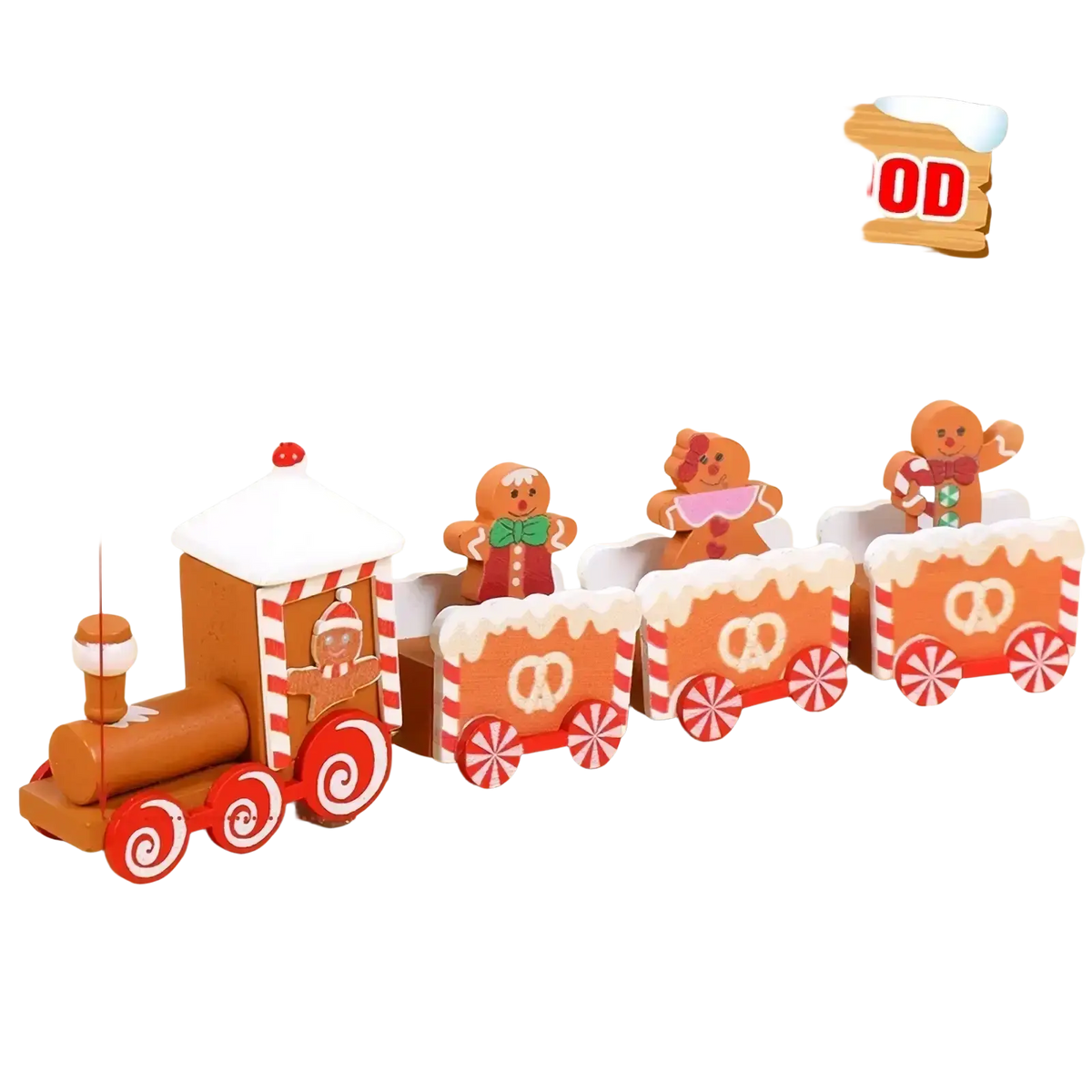 Festive wooden christmas train toy with red and white candy cane wheels featuring miniature gingerbread figures