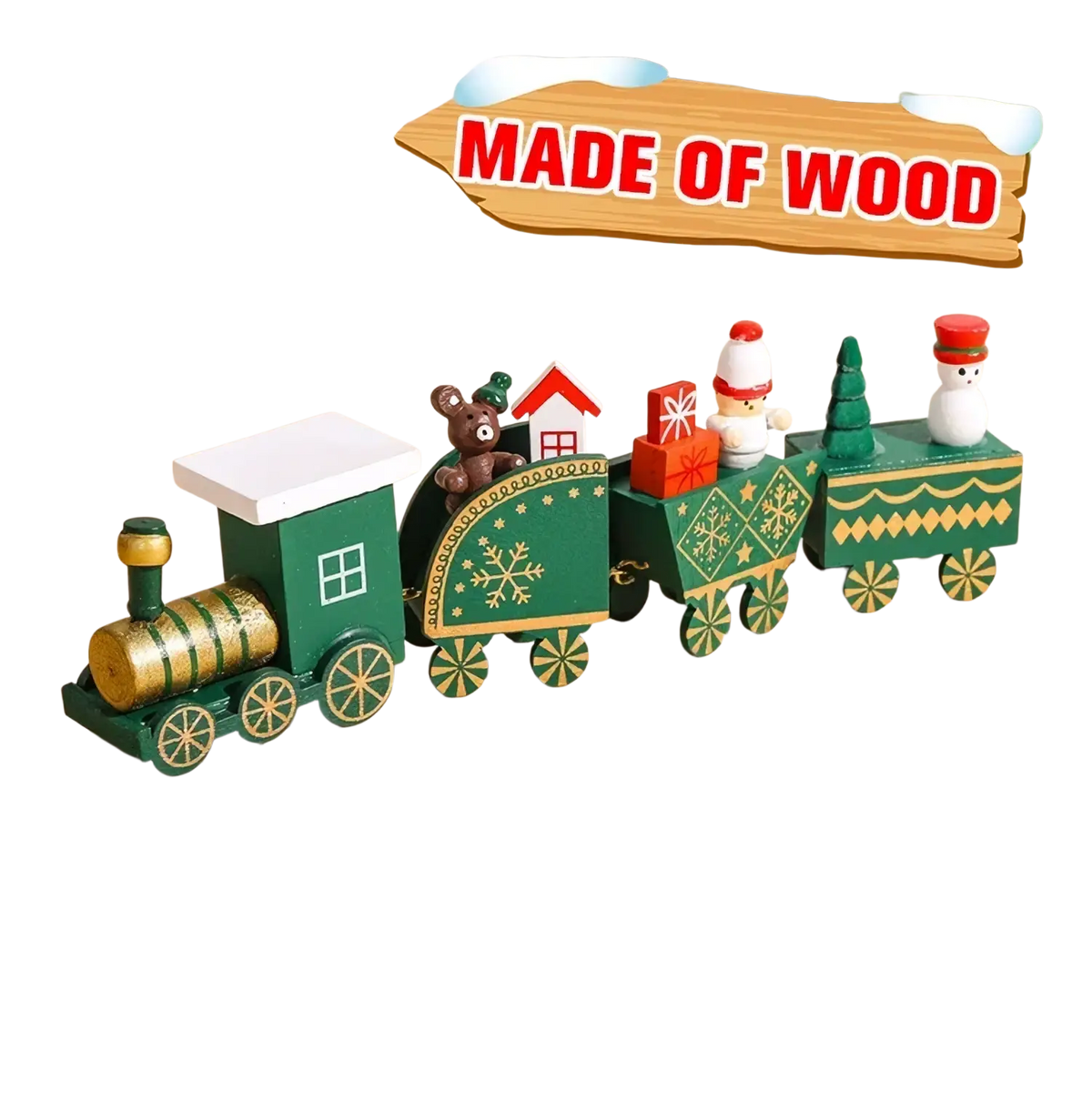A festive green wooden train toy with gold accents and holiday figures for Christmas home decoration