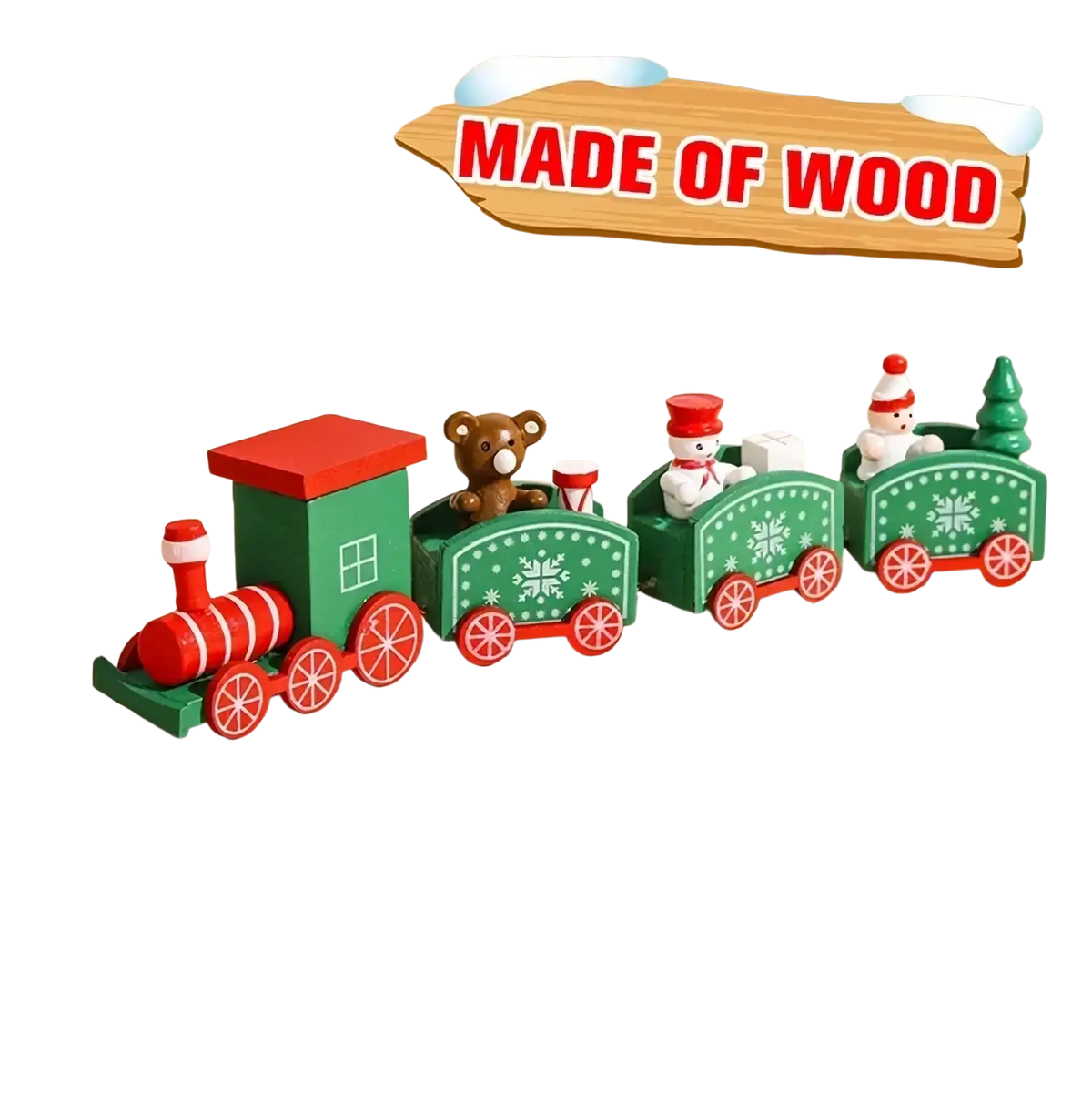 A festive green and red wooden christmas train toy featuring bear snowman and christmas tree figurines for holiday decor