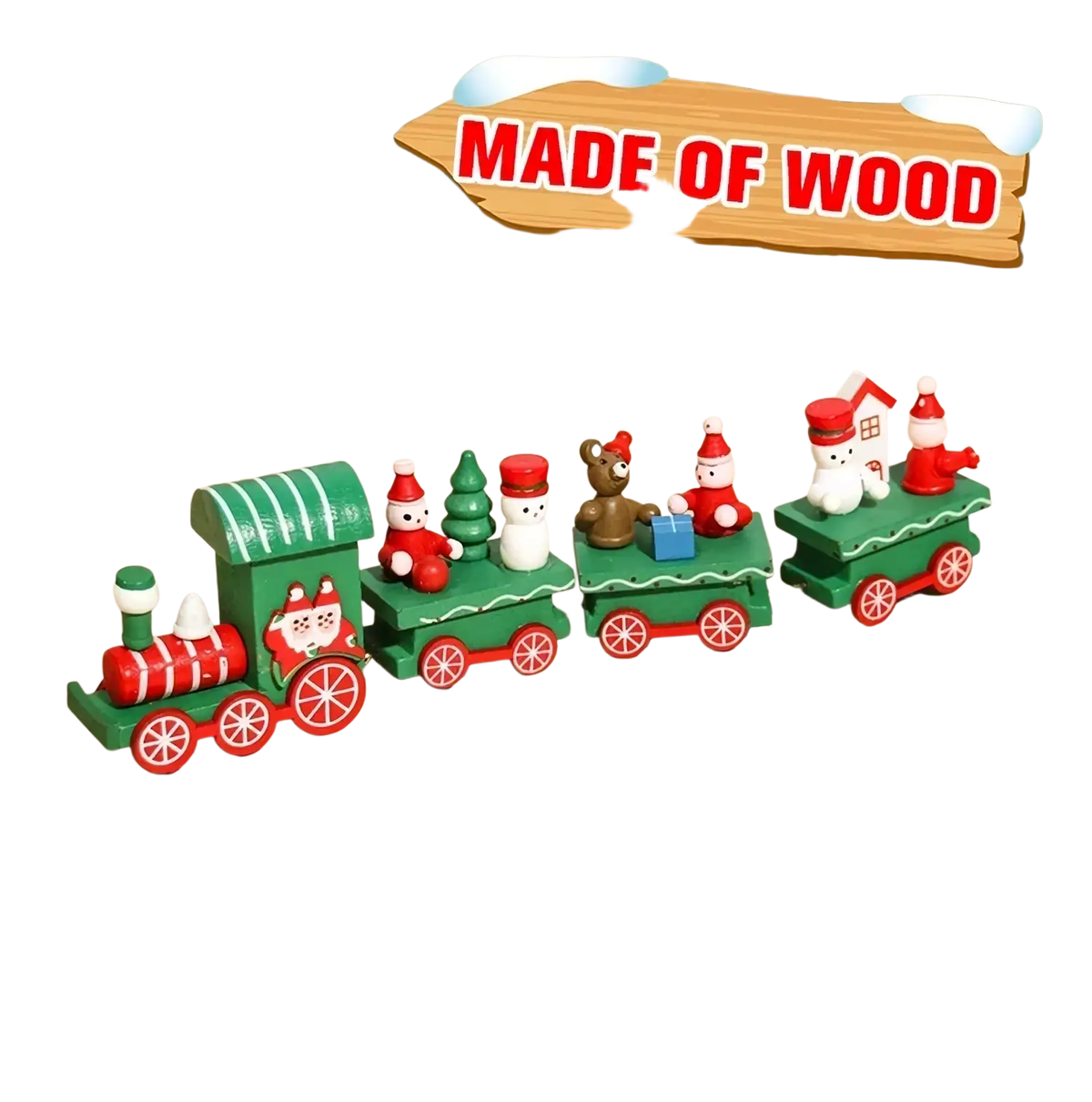 A festive green and red wooden Christmas train toy with four carriages featuring miniature holiday figures