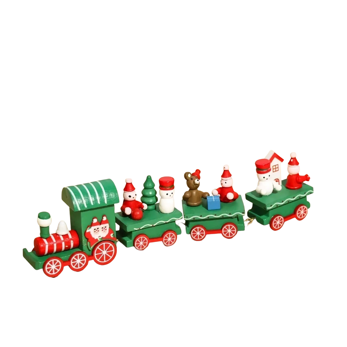 A festive wooden Christmas train toy with a red and green locomotive and decorated holiday carriages
