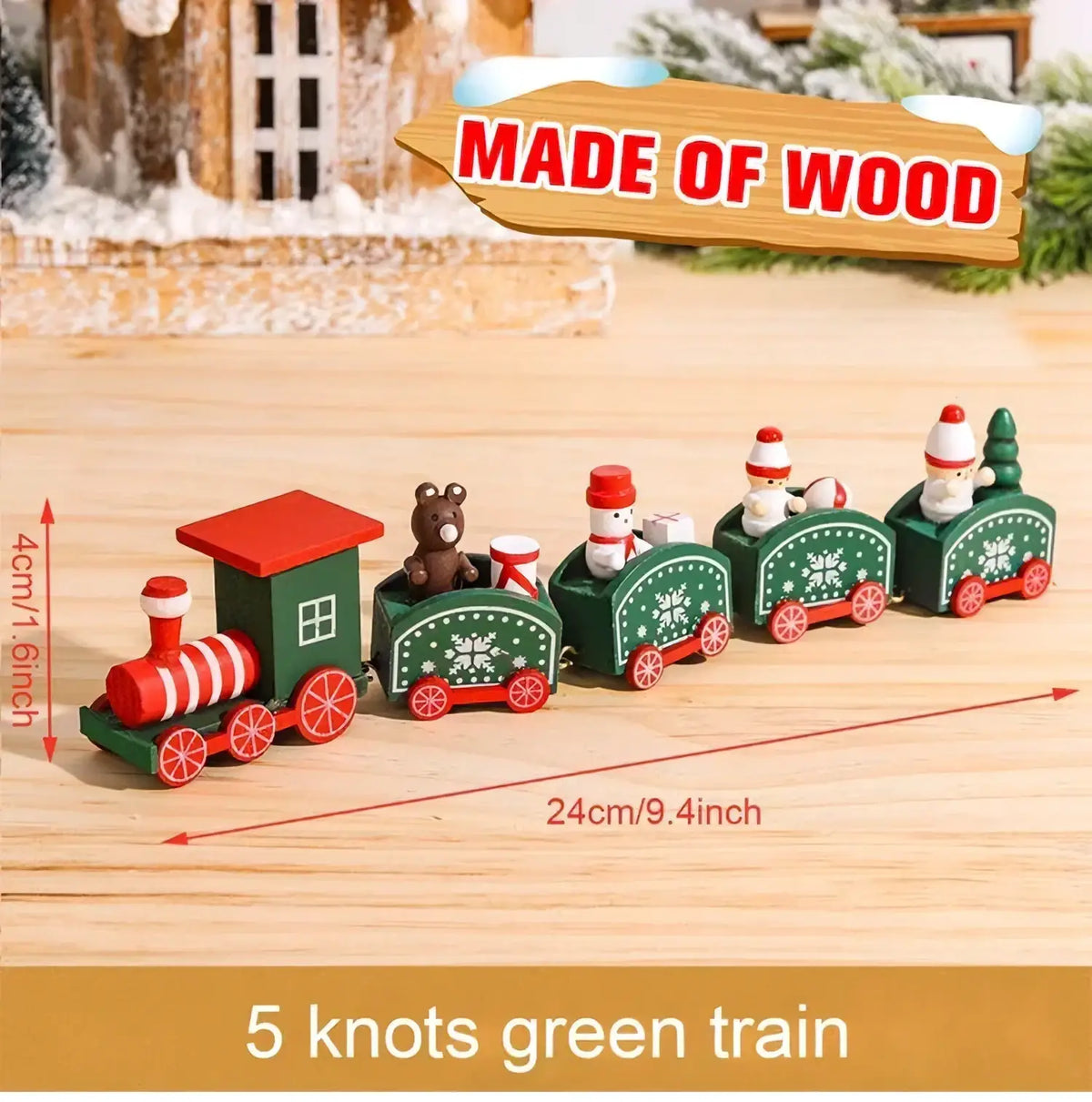 A charming five-car wooden christmas train toy with green and red design featuring snowmen and a bear decoration