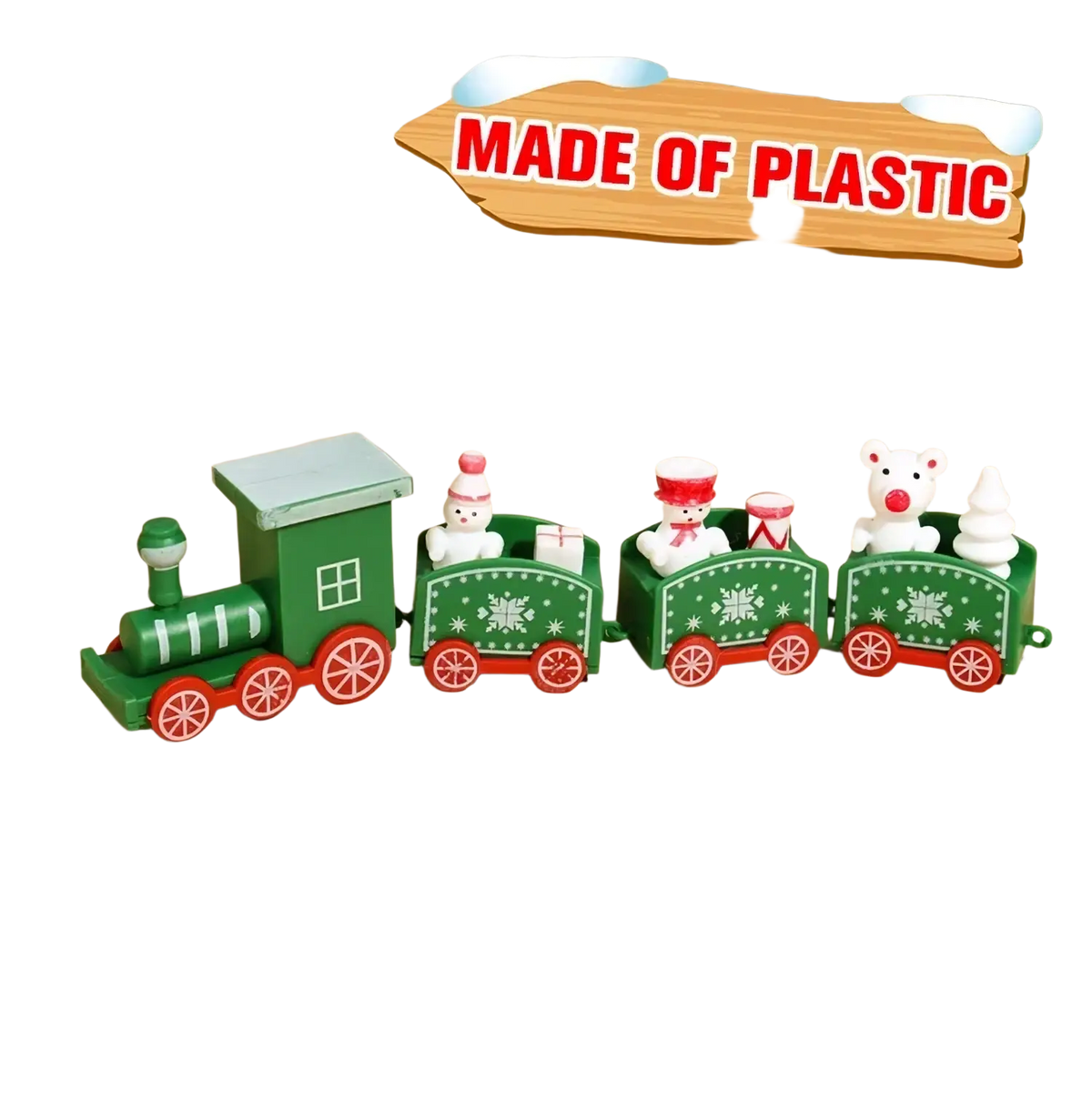 Wooden christmas train toy holiday decoration with green plastic body red wheels white snowflake designs and festive carriages