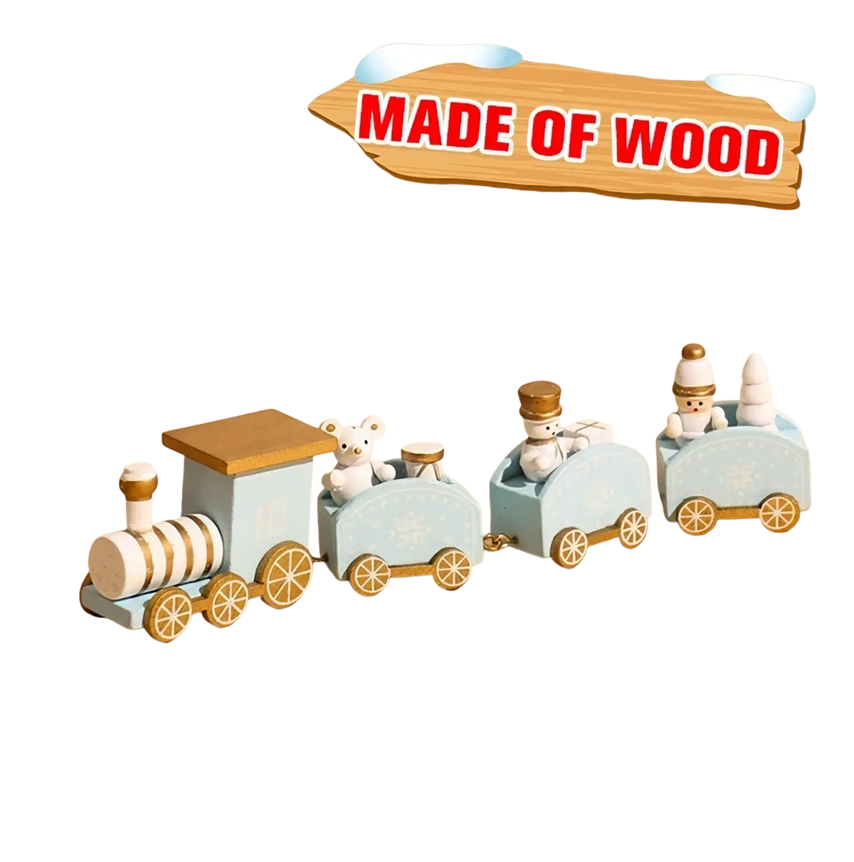 A charming light blue wooden Christmas train toy with gold-trimmed wheels and festive figurines for holiday decor
