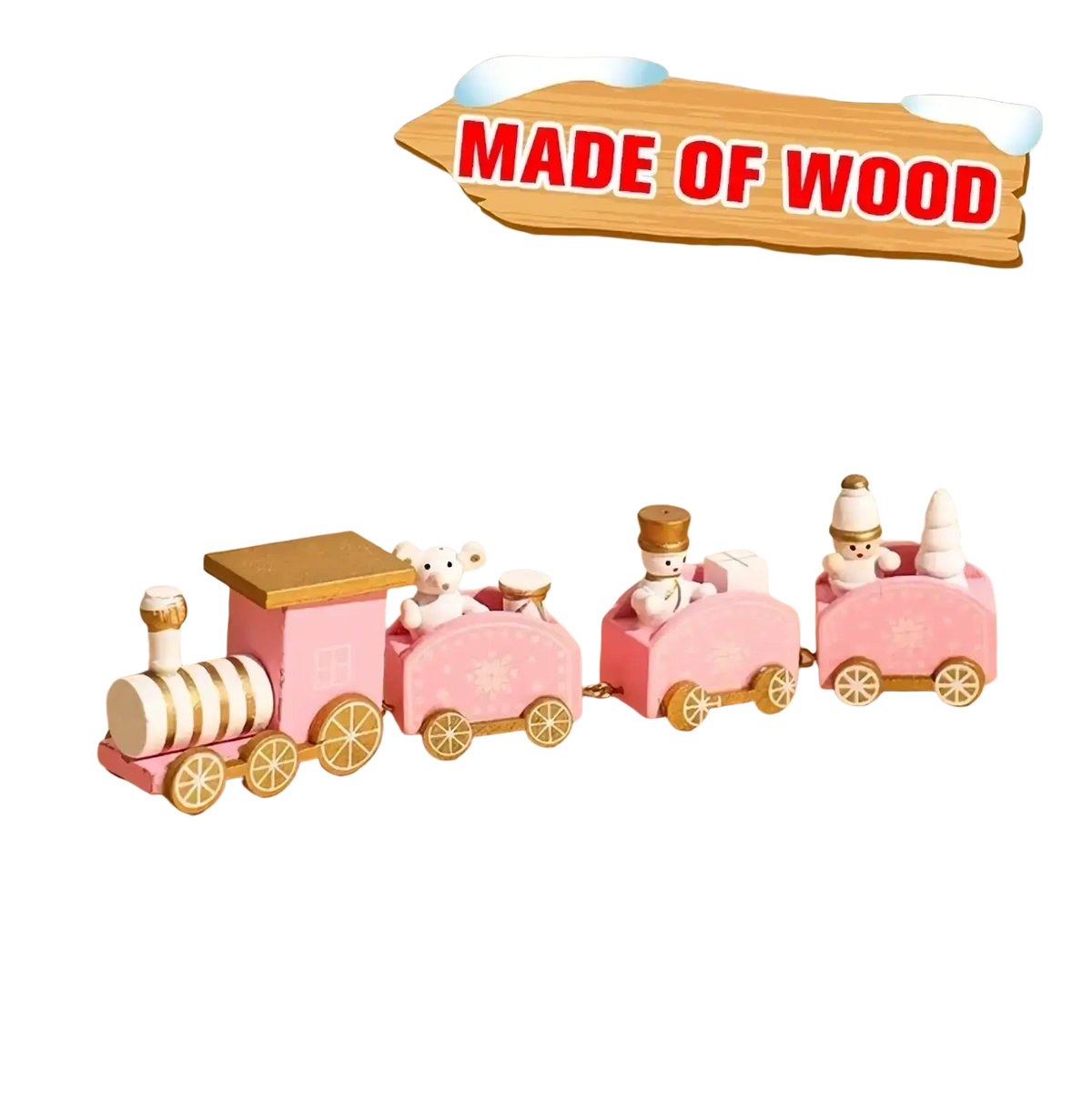 Pink wooden christmas train toy with gold accents and miniature snowman passengers for holiday decoration