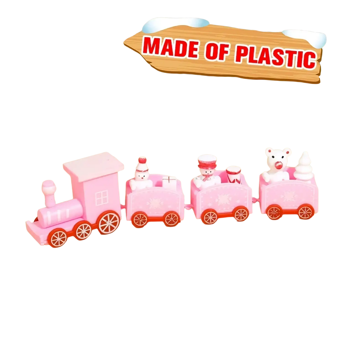 Pink wooden christmas train toy with red wheels featuring snowman and polar bear figures for holiday decoration