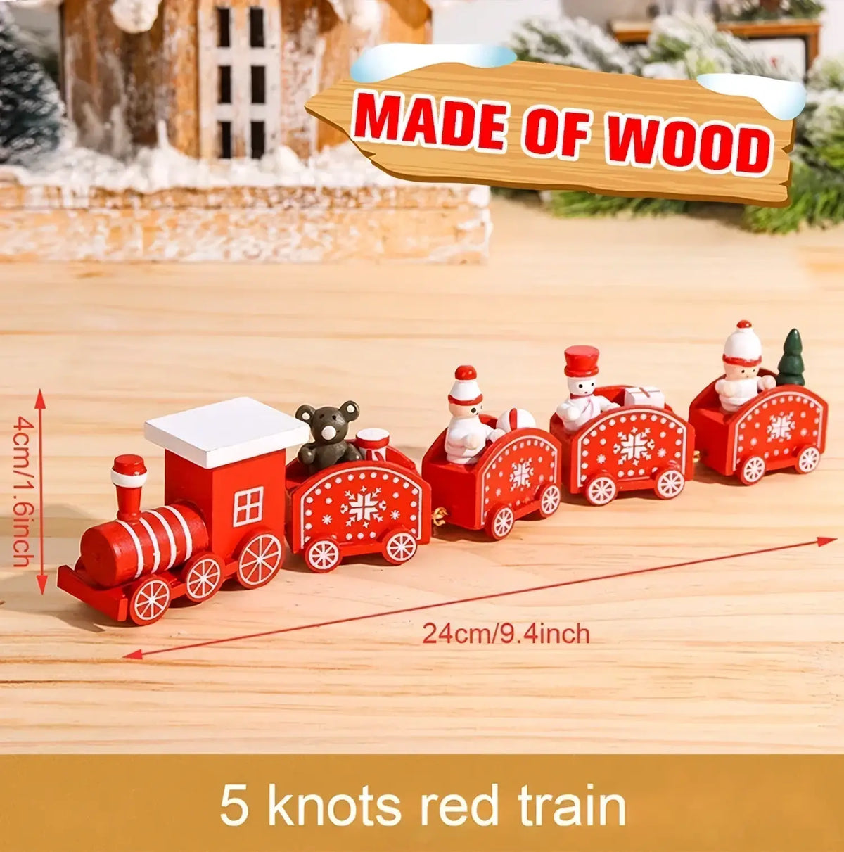 Red wooden christmas train toy with five snowflake decorated carriages featuring bear and snowmen figures
