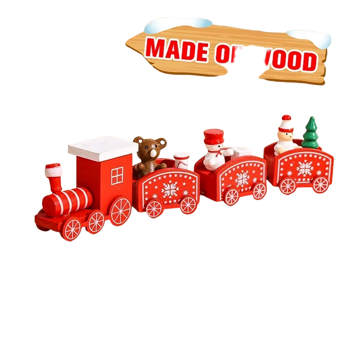Red wooden christmas train toy with four carriages featuring snowflake designs and festive miniature figurines