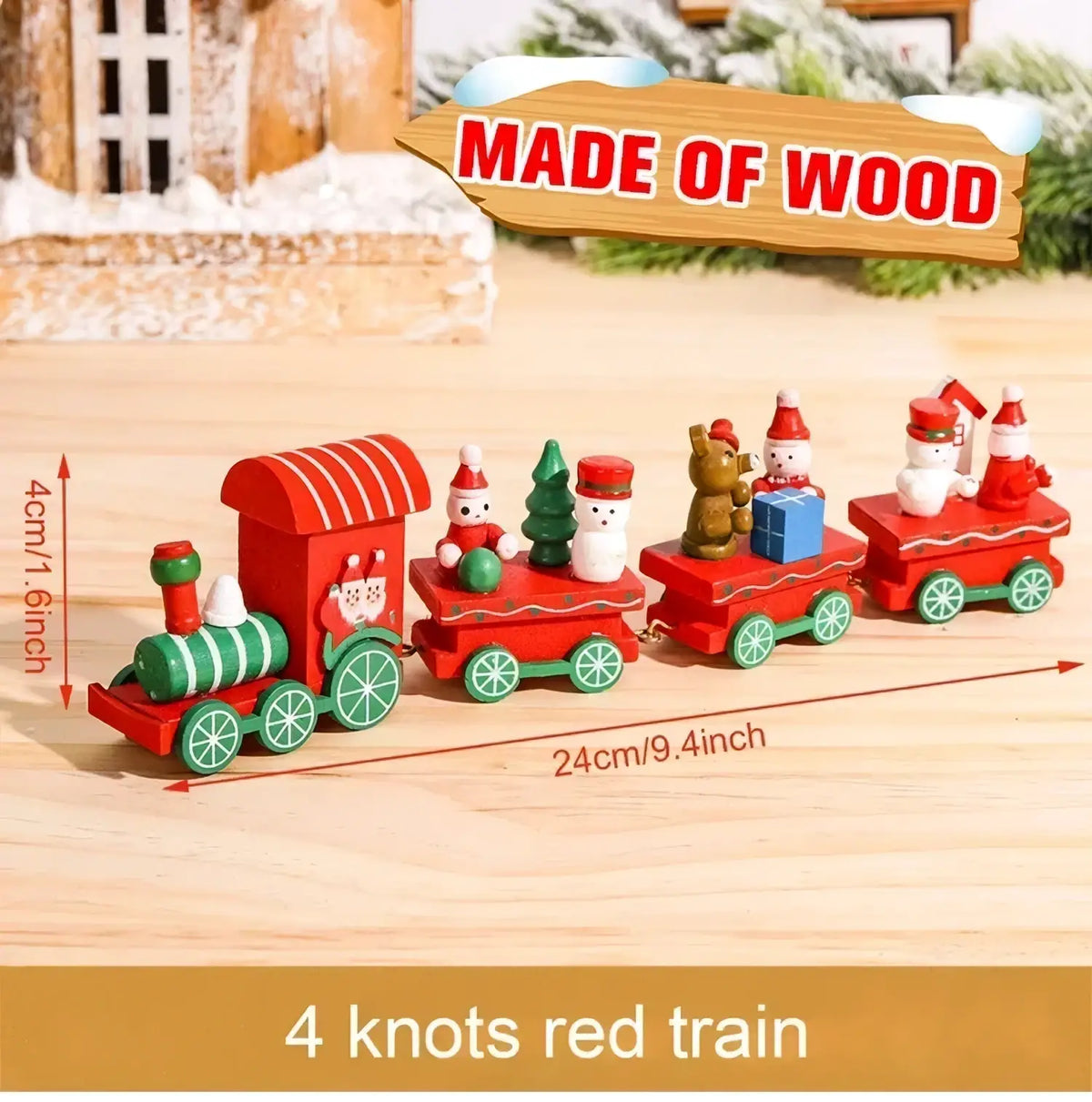 Red wooden Christmas train toy with green accents and festive figurines for holiday home decoration