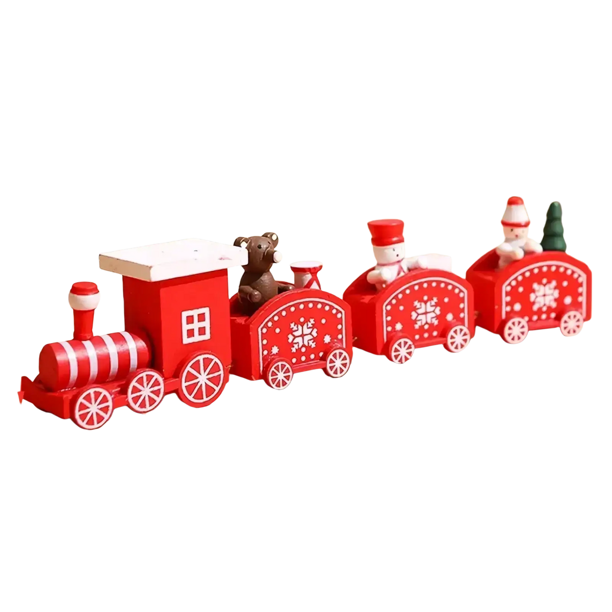 Red wooden christmas train toy with white accents featuring snowmen and bear figurines for holiday decoration