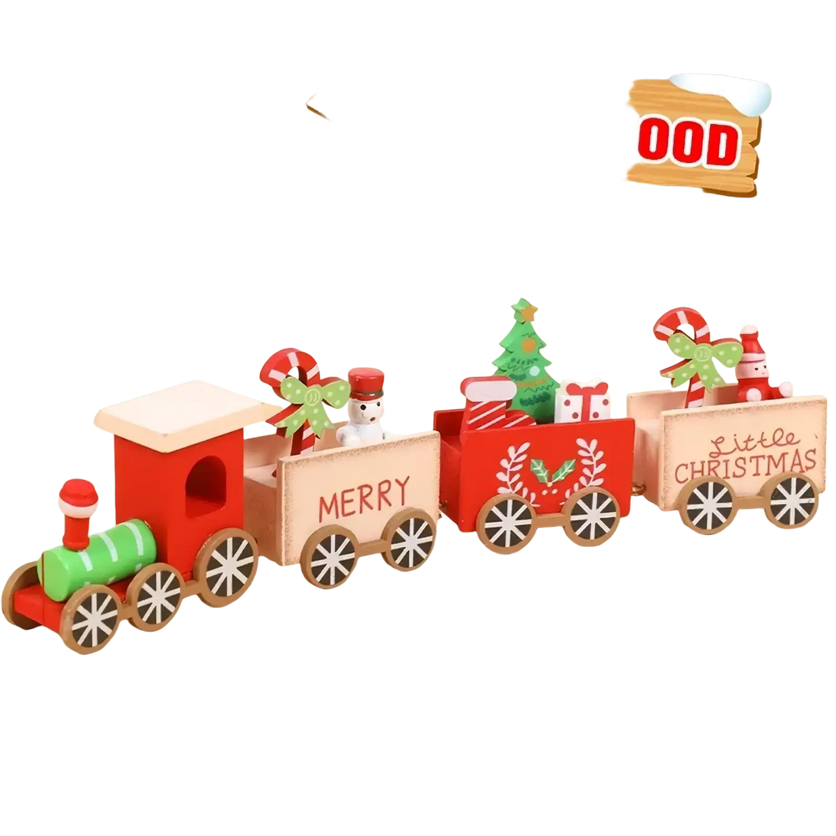 Red and green wooden christmas train with merry and little christmas cars for holiday home decoration