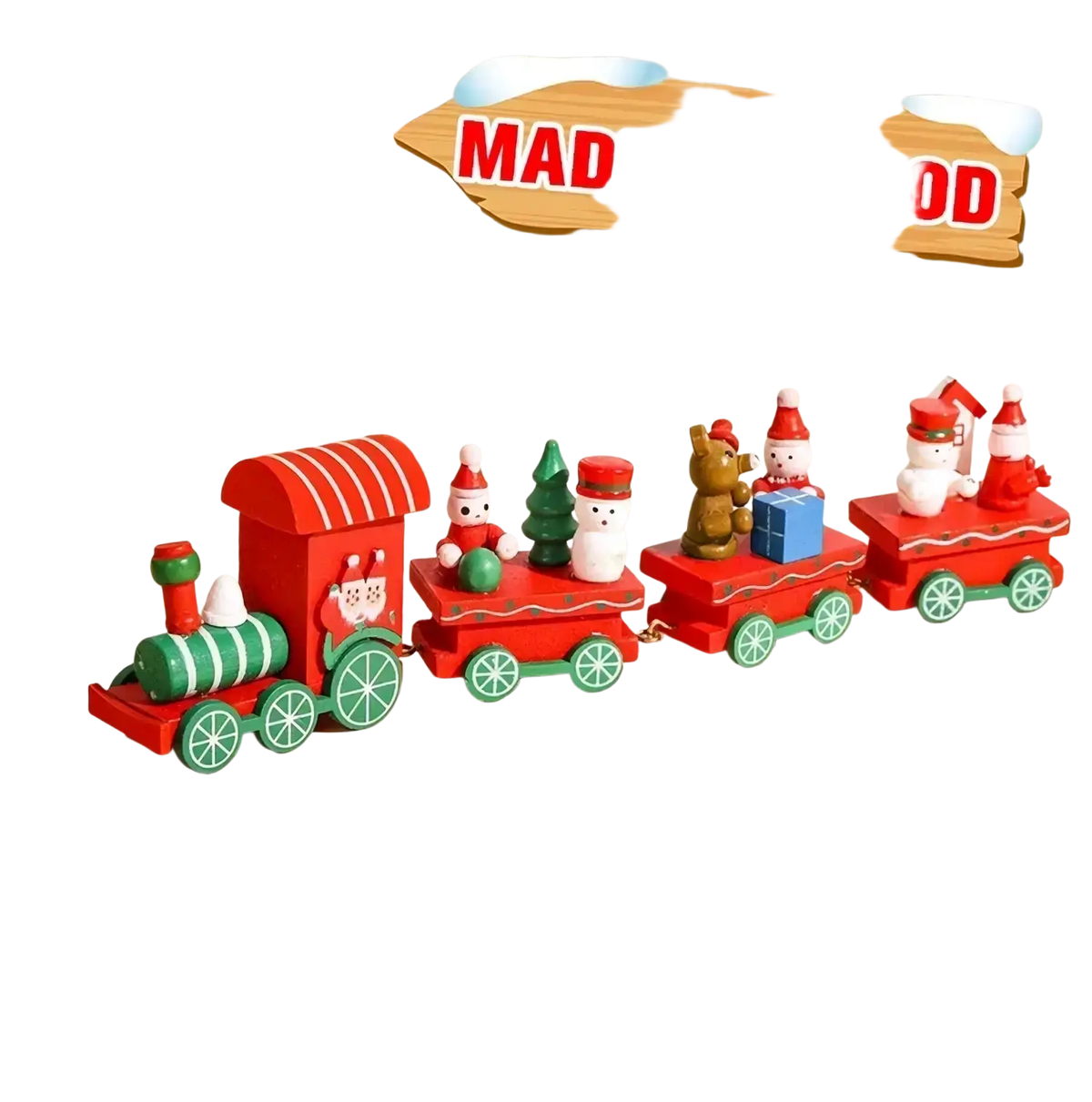 Red and green wooden christmas train toy with festive characters for holiday home decoration