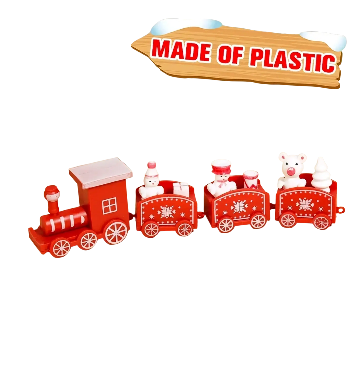 Red wooden Christmas train toy with four carriages featuring snowflake patterns and miniature snowmen and bear figures