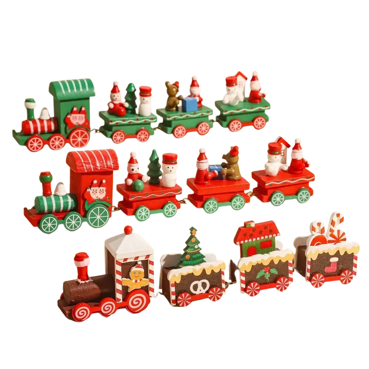 Wooden christmas train toy featuring colorful painted holiday figures perfect for festive home decoration